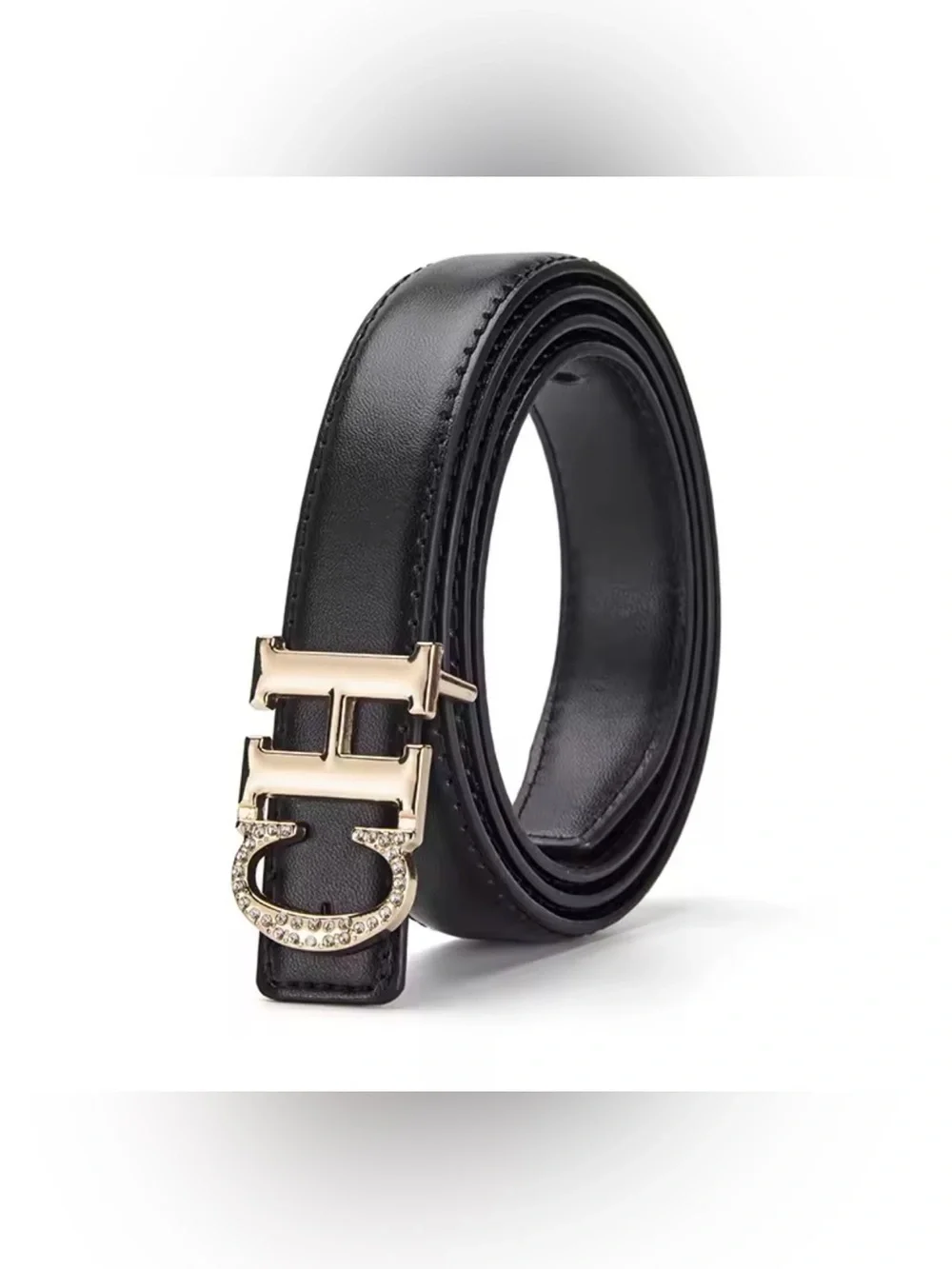 CH Crystal Initial Black Leather Belt with Gold H-tone Buckle
